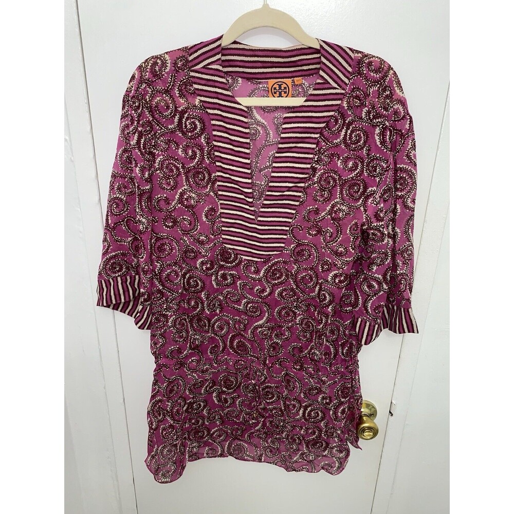 tory burch stephanie magenta paisley Tunic Drawstring top size XS/S SHEER COMFY